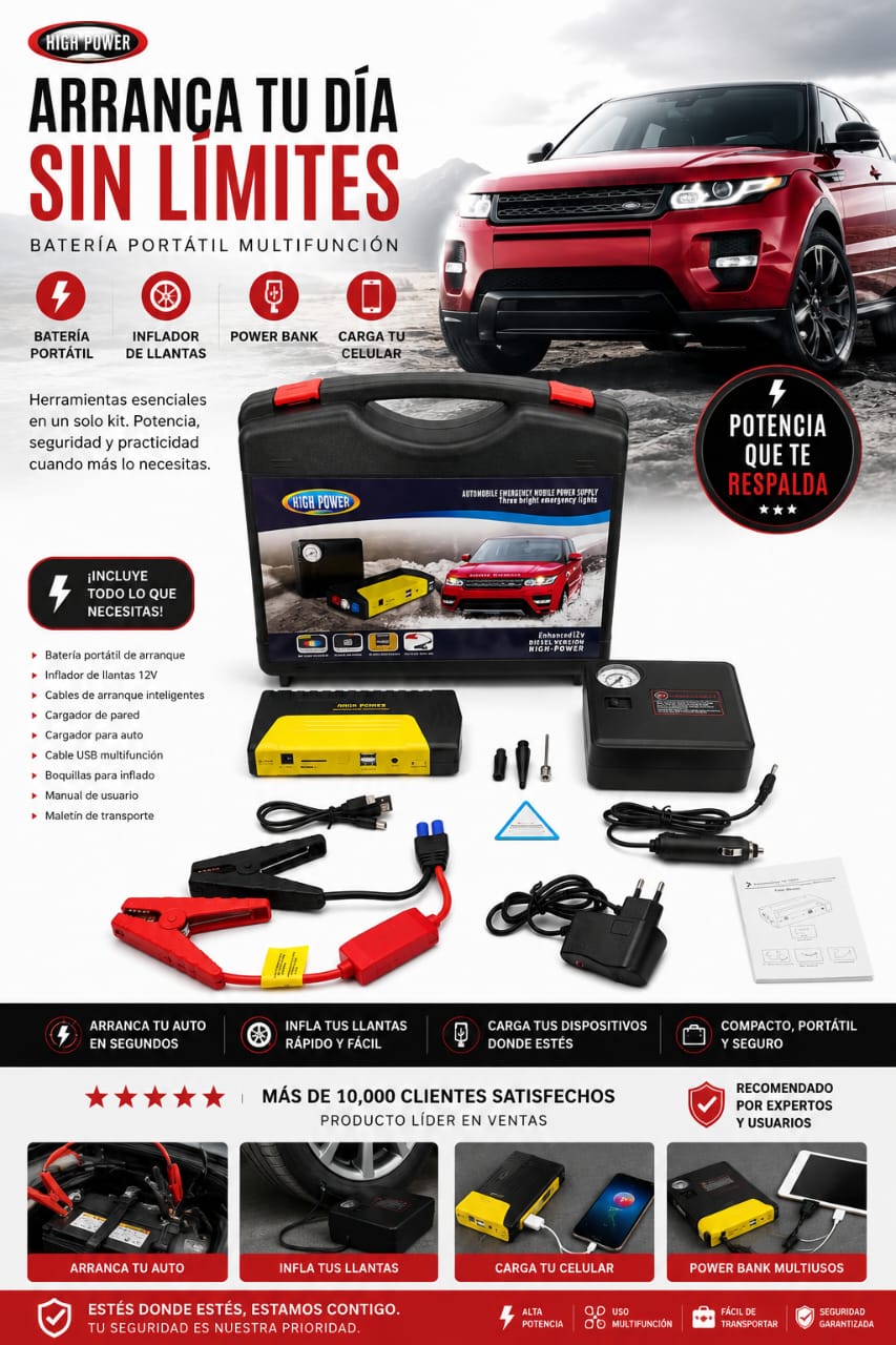 Kit de Emergencia HIGH POWER: Arrancador + compresor + power bank